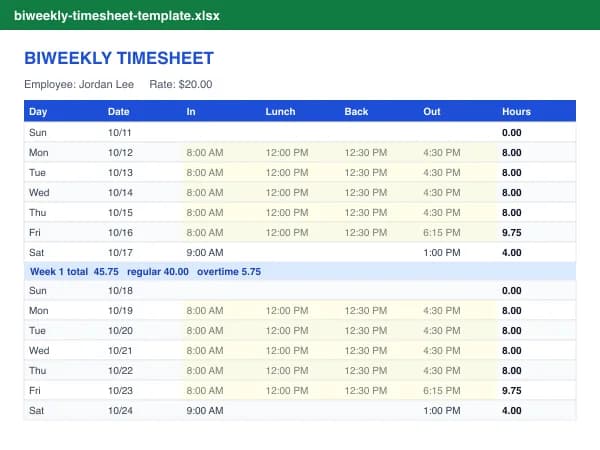 Biweekly timesheet template with week 1 and week 2 subtotals and overtime per week